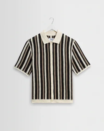 Porto - Ecru And Black Stripe Crochet Knitted Shirt