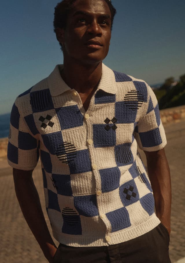 Porto - Ecru And Blue Square Crochet Knitted Shirt