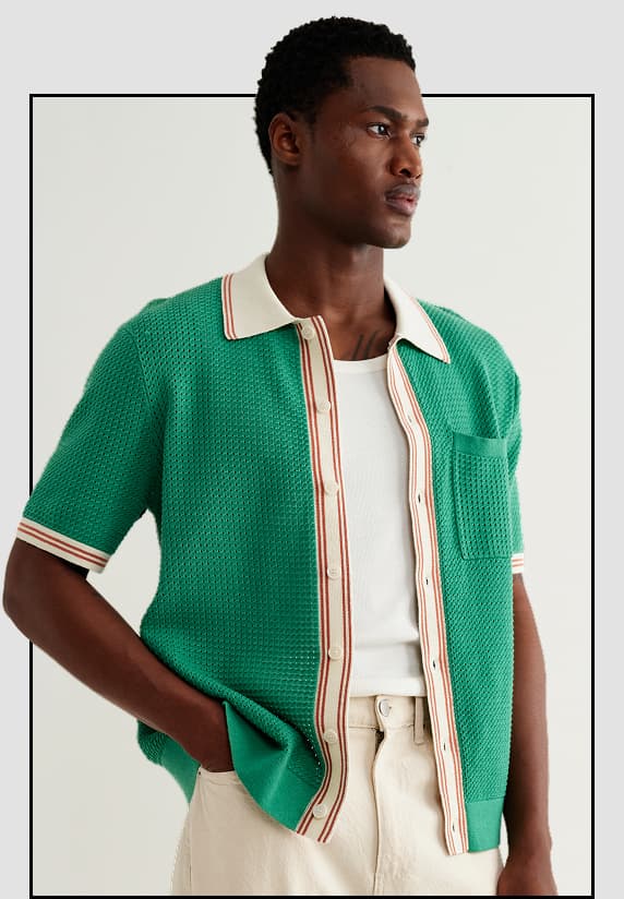 Belle - Green Tipped Pointelle Polo Shirt