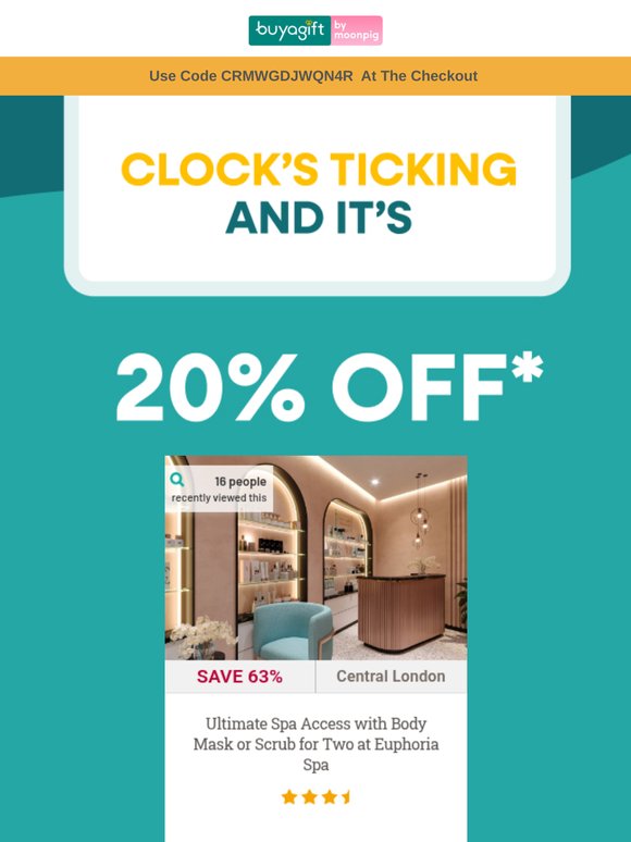 Your chosen experience is waiting – grab 20% off before it’s gone