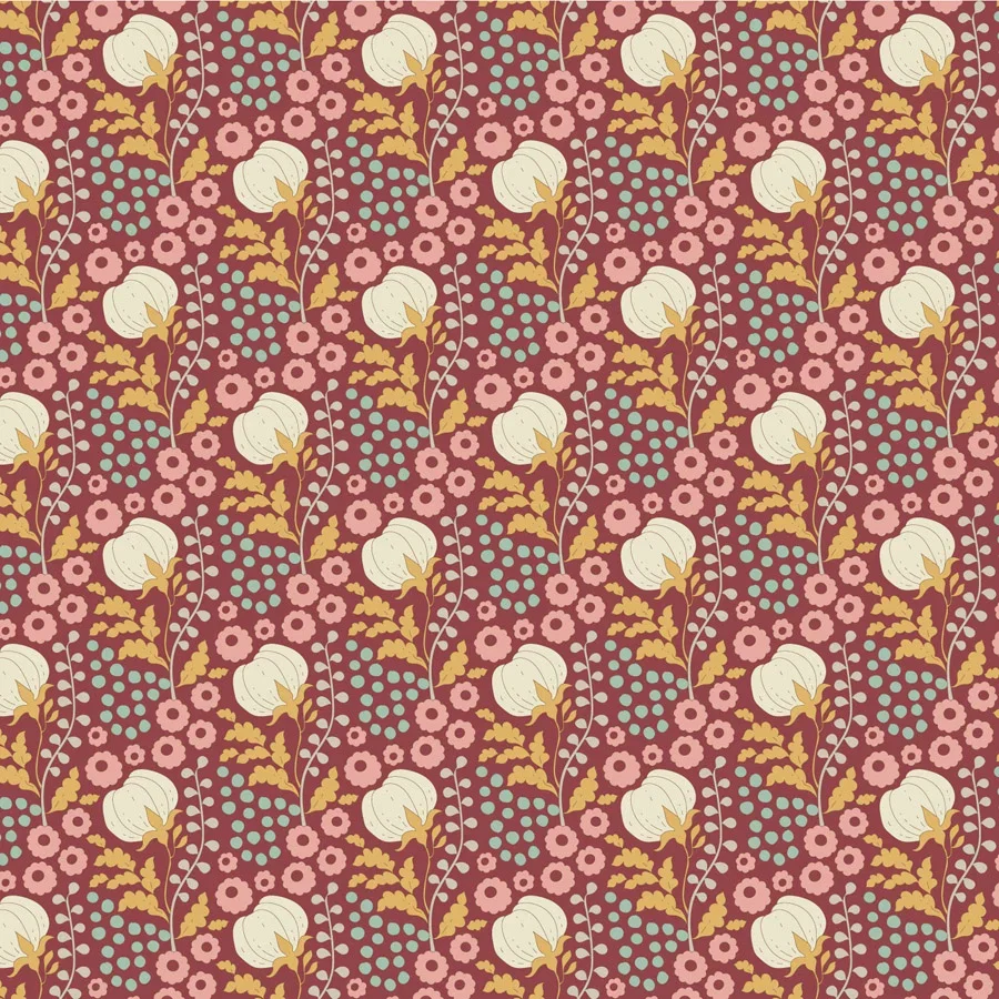 Image of Tilda 110 Sanctuary Cottonfield Cotton Fabric Maroon Red 110cm