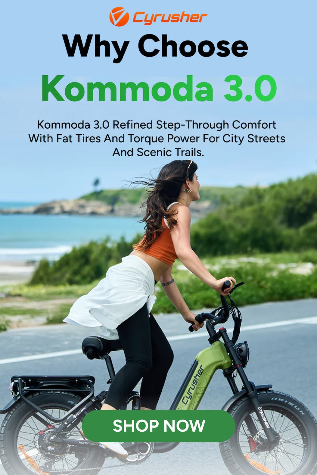 kommoda 3.0 Refined step-through comfort  with fat tires and torque power for city streets  and scenic trails.