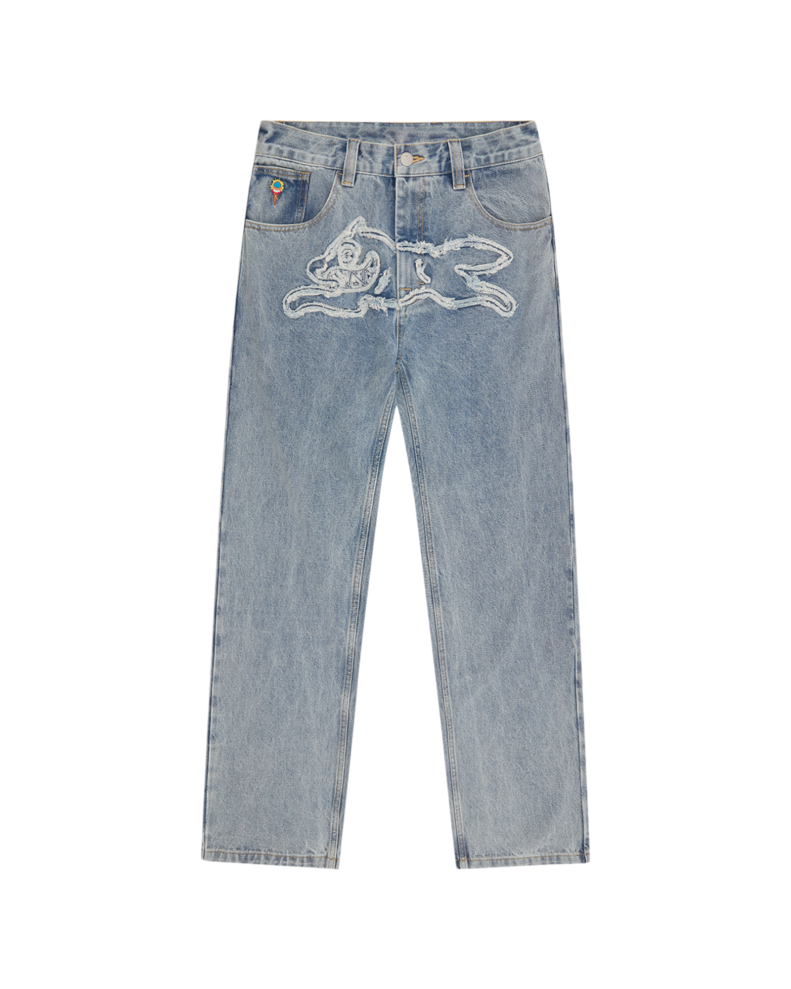 Applique Running Dog Double Scoop Denim Pants