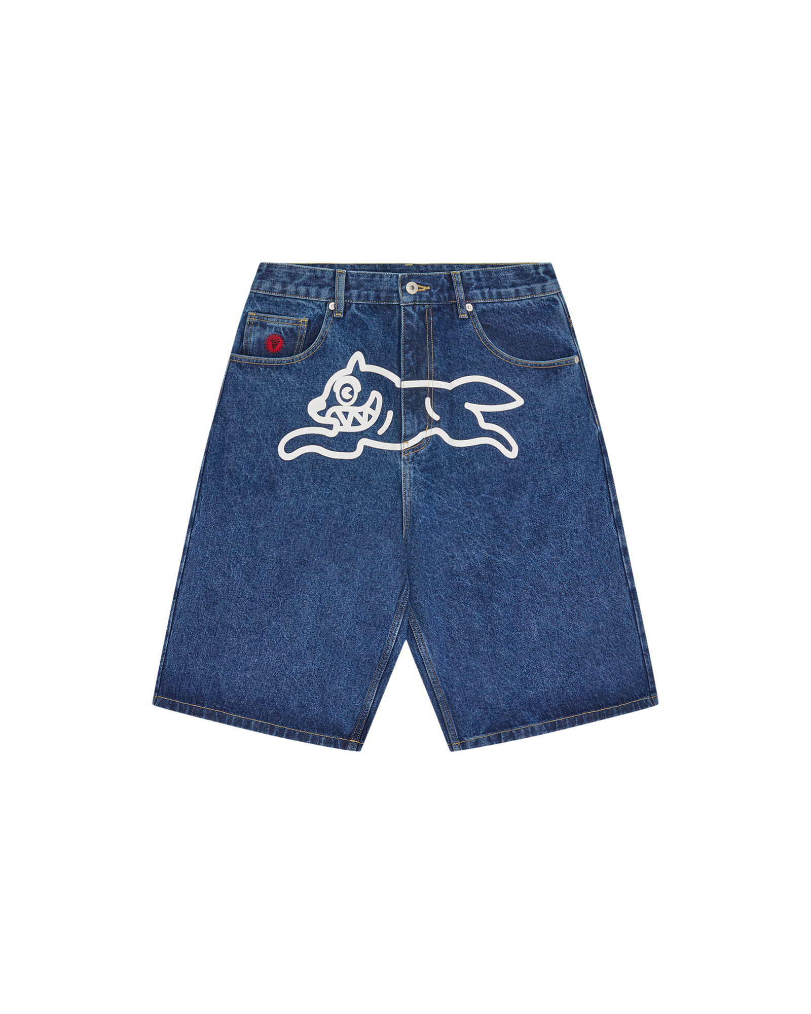 Running Dog Denim Shorts in Mid Wash Blue 