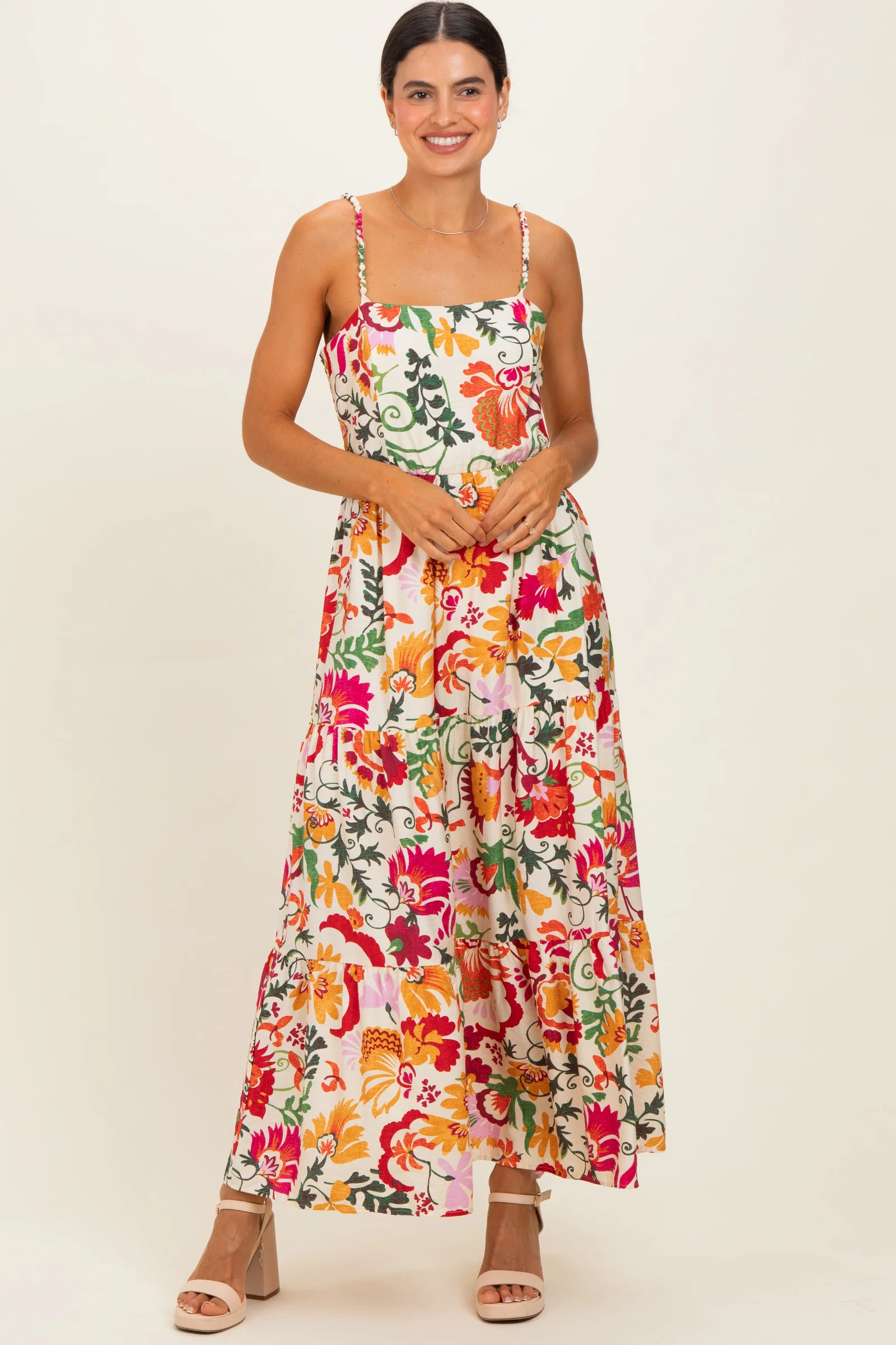 Image of Cream Floral Tiered Midi Dress