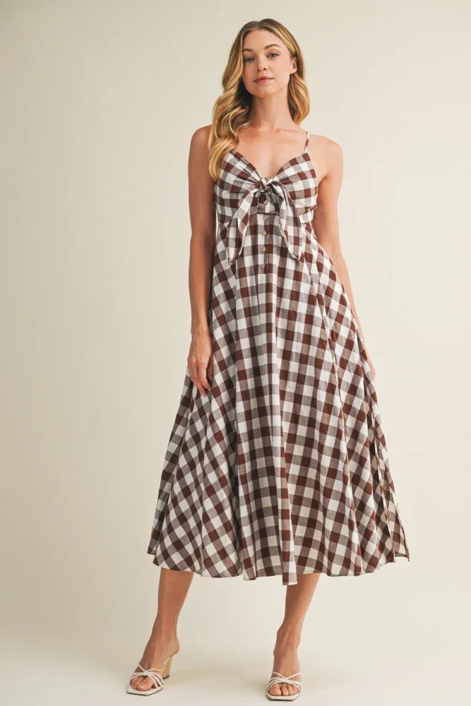 Image of Chocolate Gingham Tie Front Racerback Midi Dress
