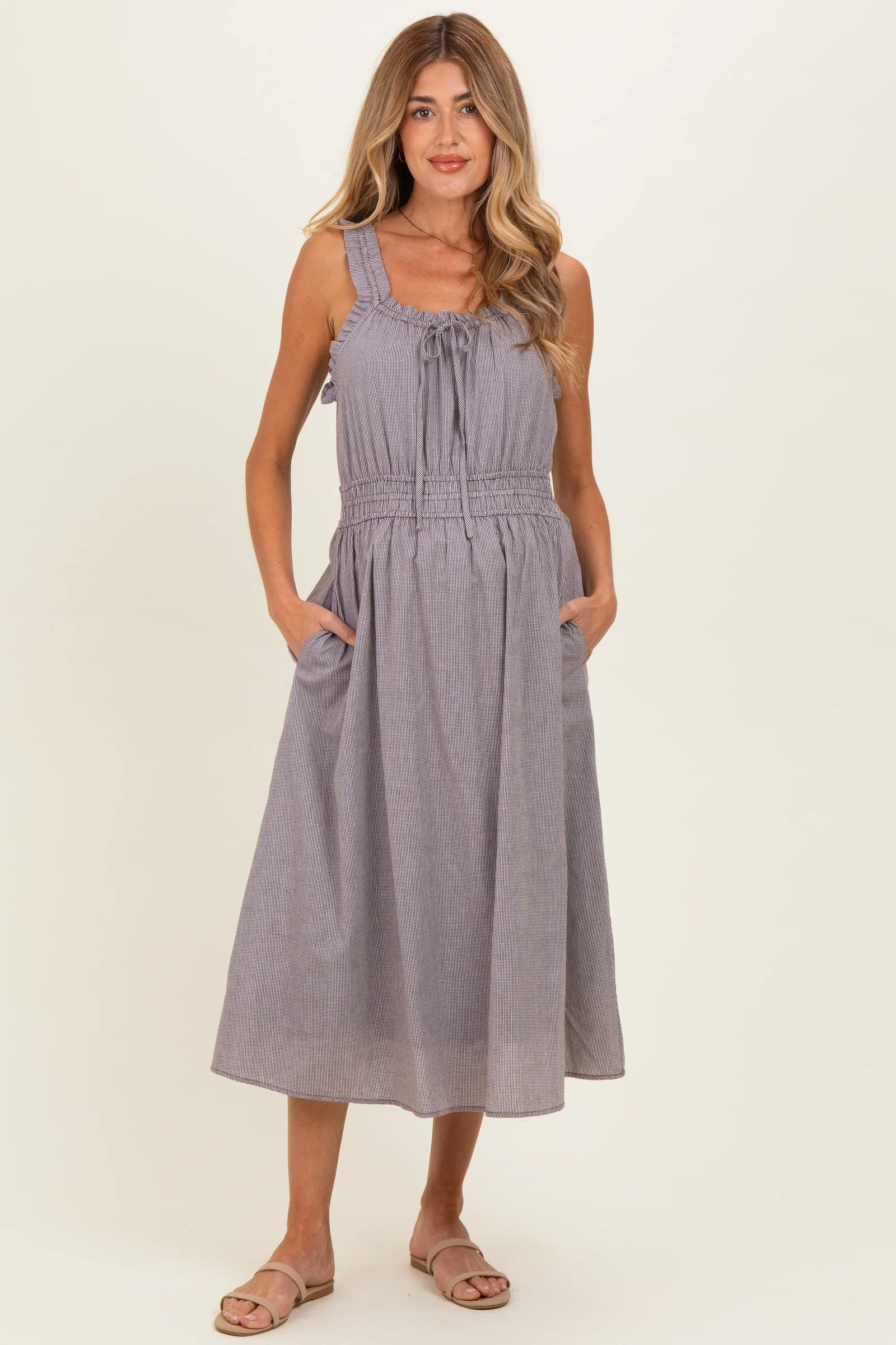 Image of Brown Cinched Waist Front Tie Maternity Midi Dress