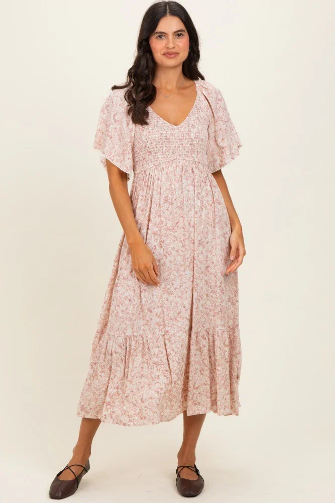 Image of Mauve Flutter Sleeve Floral Print Smocked Chest Ruffled Hem Dress