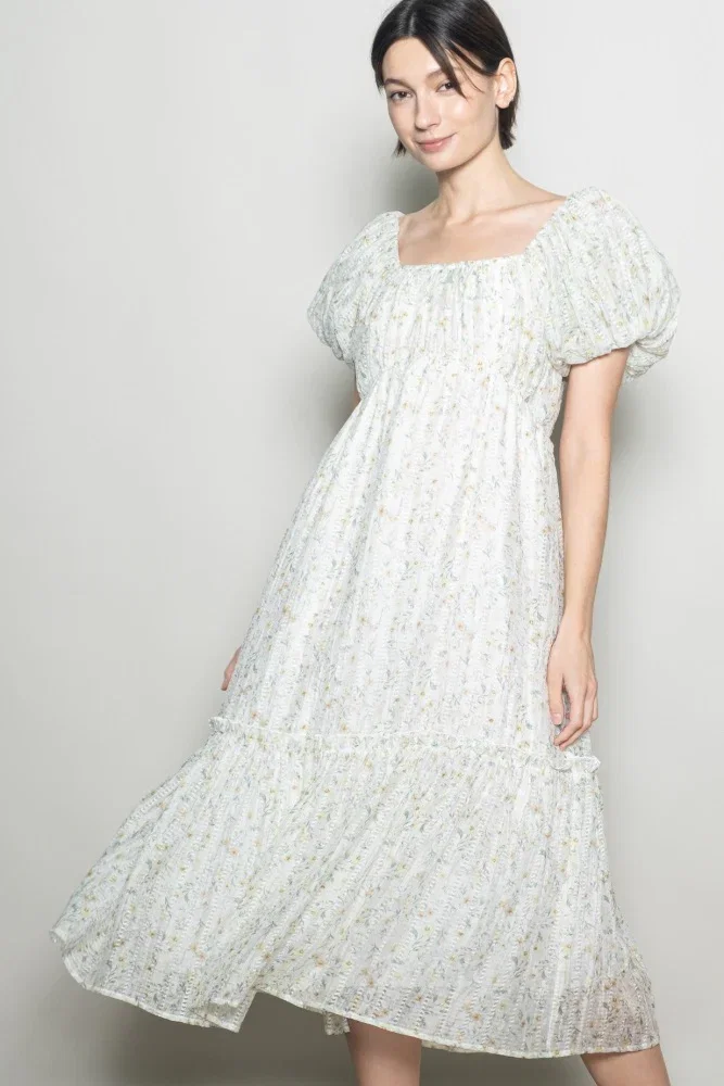 Image of Daisy Floral Puff Sleeve Midi Dress