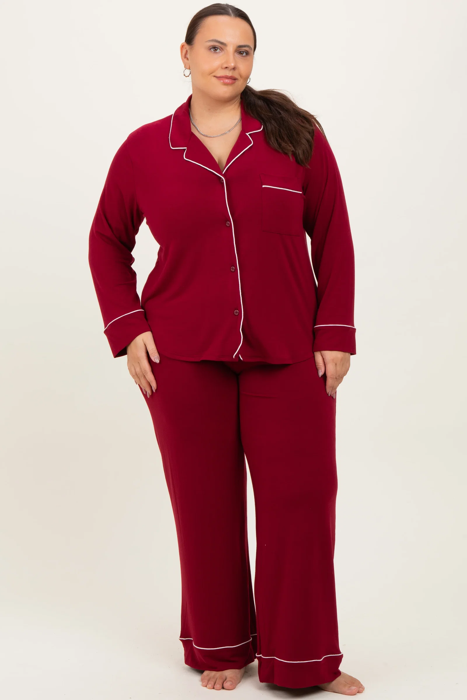 Image of Burgundy Button Down Top Wide Leg Pant Plus Pajama Set