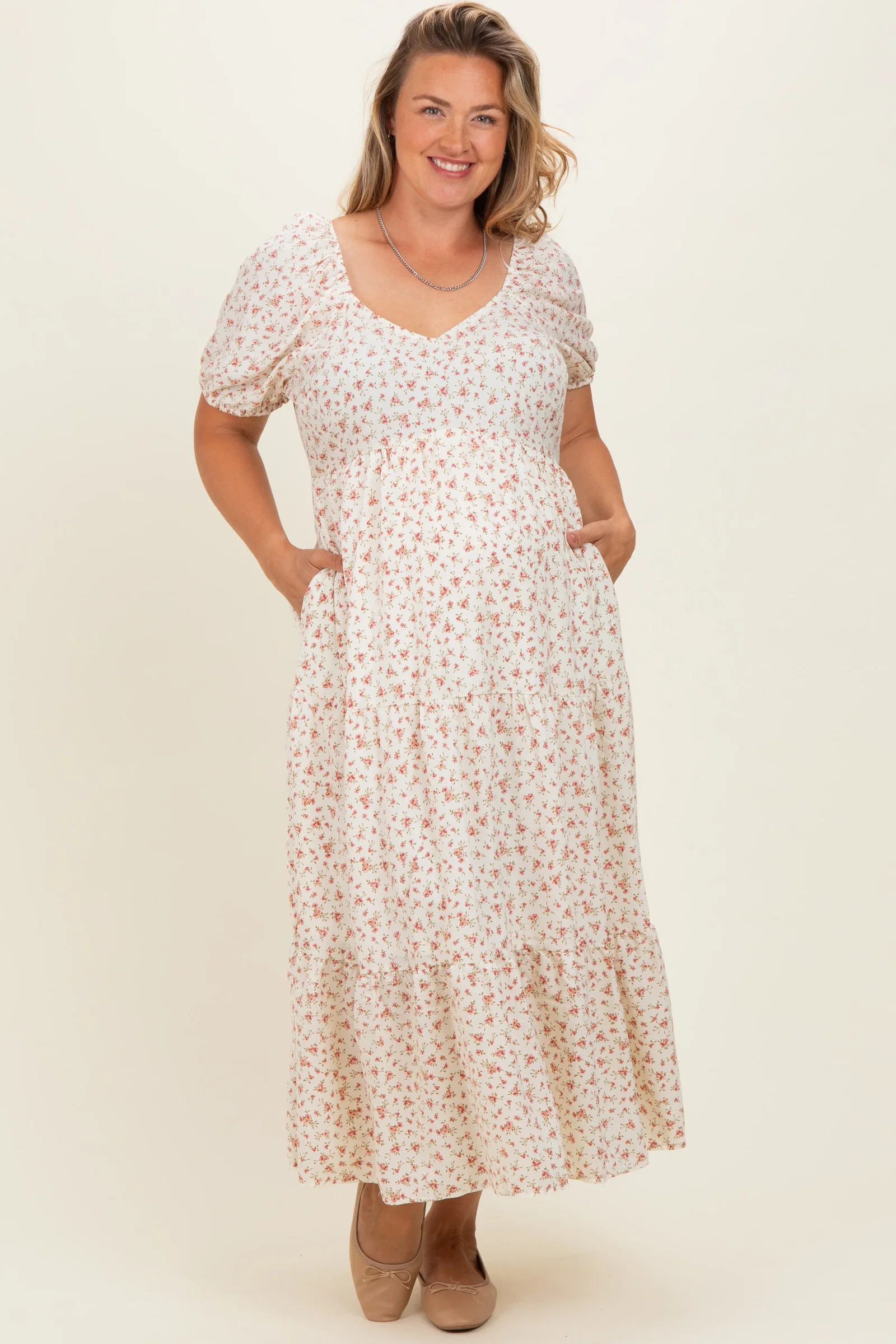 Image of Ivory Floral V-Neck Maternity Plus Maxi Dress