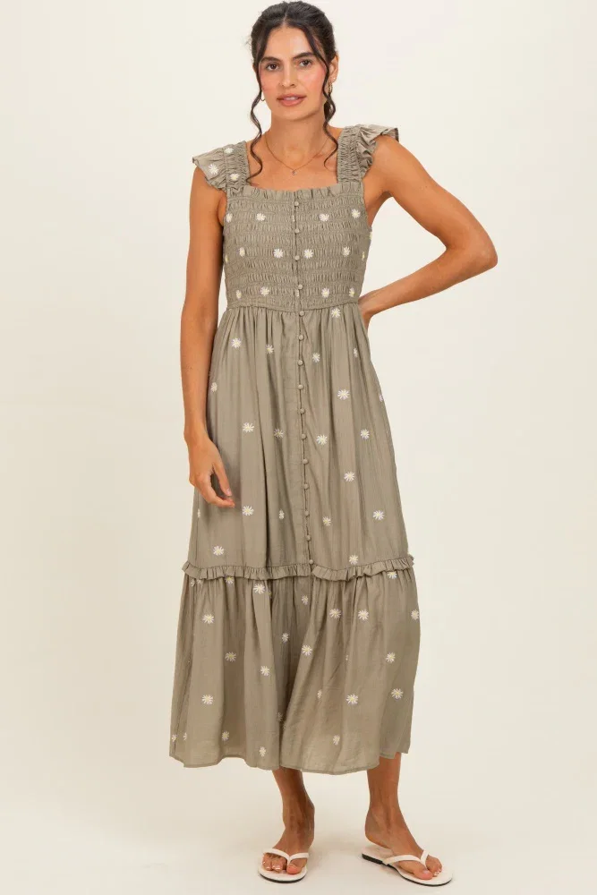 Image of Olive Embroidered Ruffle Strap Smocked Maxi Dress