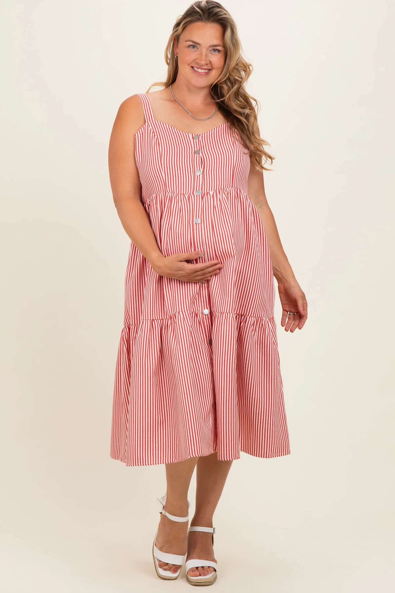 Image of Red Striped Tiered Overall Maternity Plus Dress