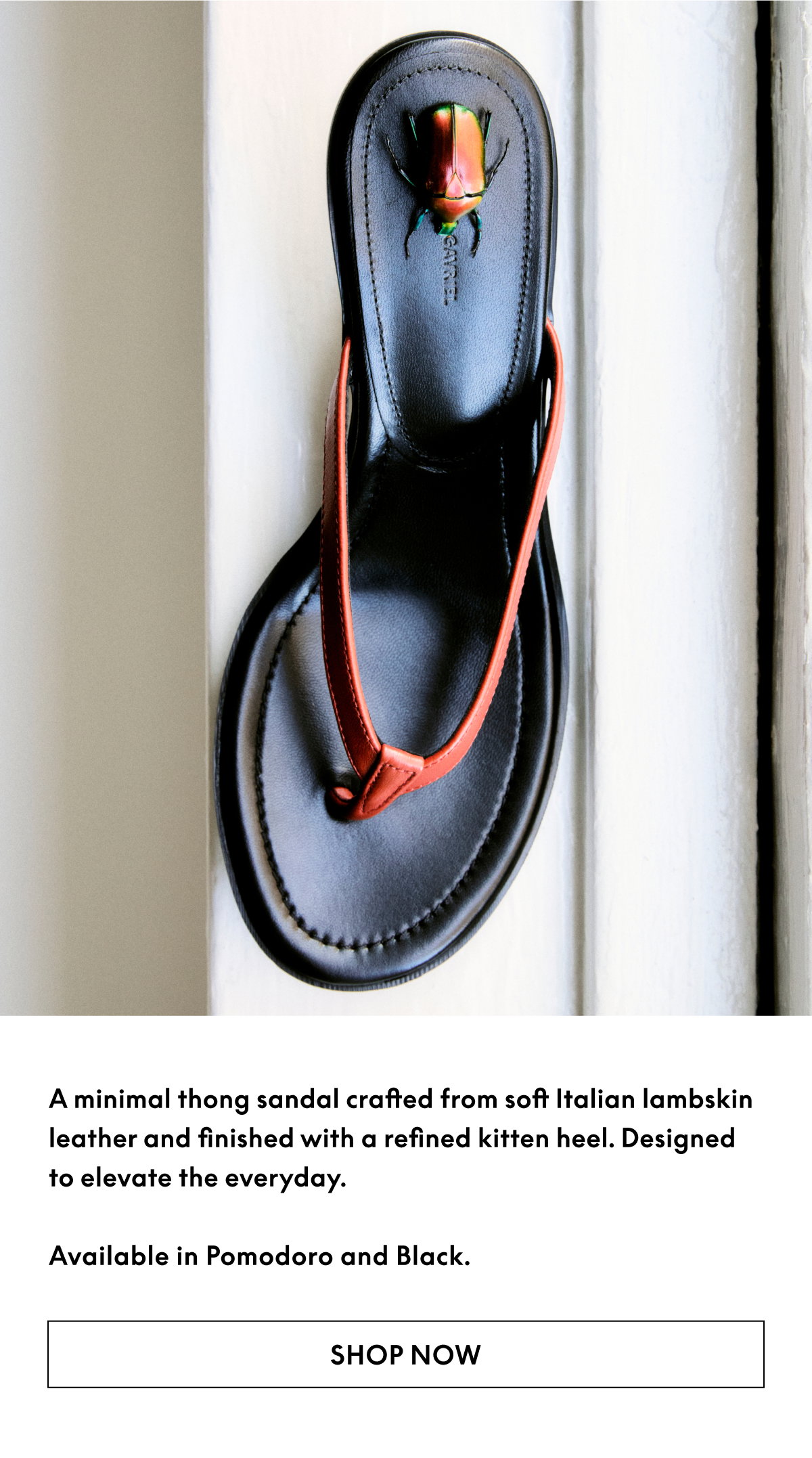 A minimal thong sandal crafted from soft Italian lambskin leather and finished with a refined kitten heel.
