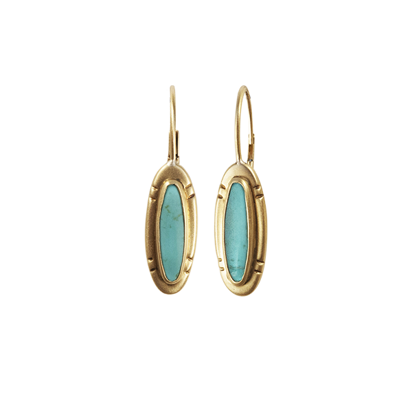 Small Etched Oval Turquoise Earrings in 18K Gold