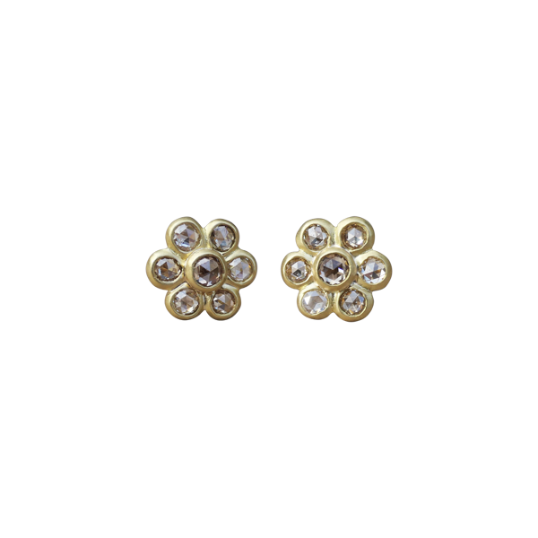 0.93 ct. "Daisy Flower" Natural Brown Rose Cut Diamond Stud Earrings in 18K Gold