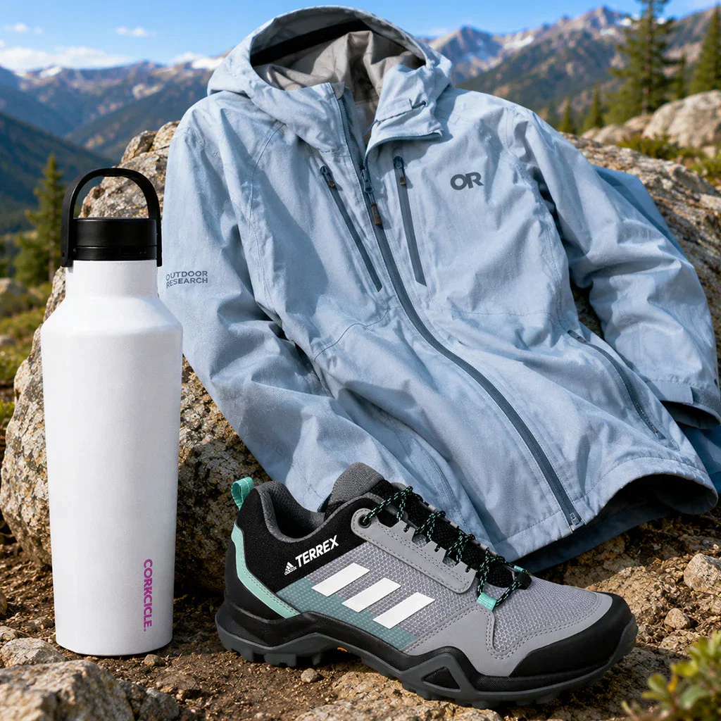 Outdoor hiking gear collection featuring a light blue rain jacket, white water bottle, and gray hiking boots displayed on a mountain overlook.