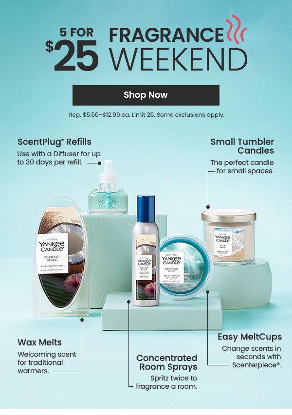 Text reads 5 for 25 fragrance weekend, shop now. Includes images and descriptions of scented products, with labeled buttons and product types.