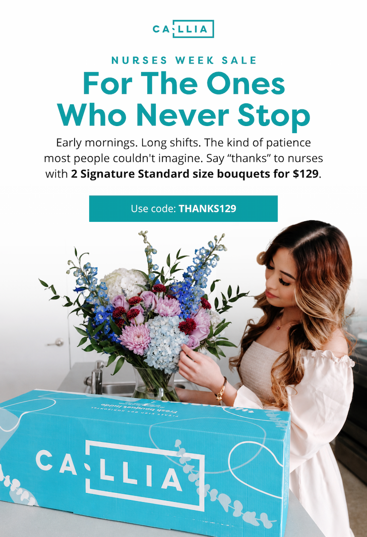 Woman with a Callia bouquet and delivery box