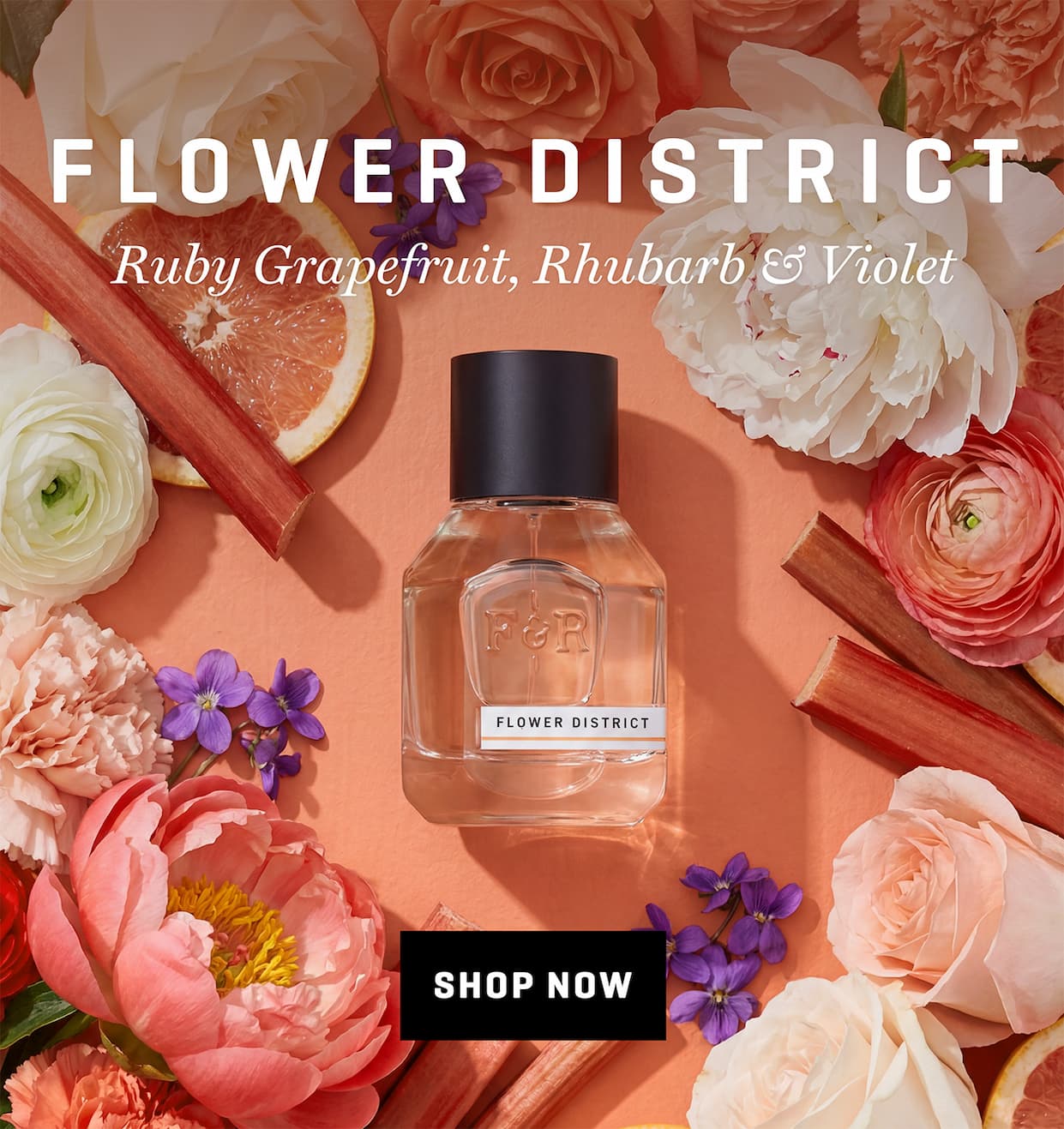 Flower District A bustling tapestry of Grapefruit, Rhubarb, and Violet.