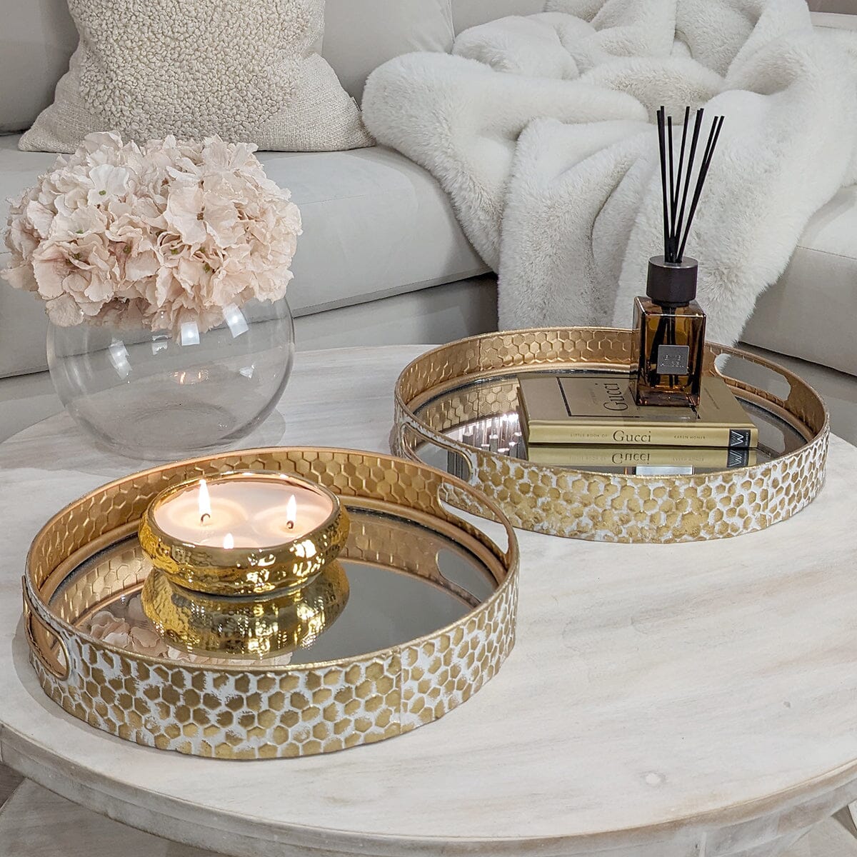 Jovie Round Mirrored & Gold Distressed Trays - Set of 2