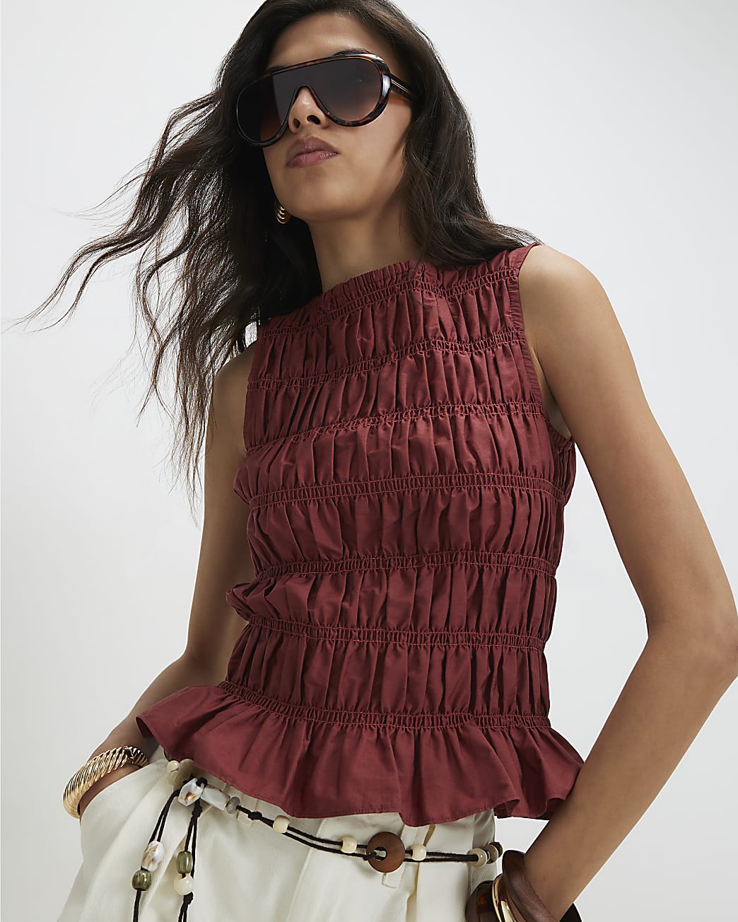 Womens Red Cotton Sleeveless Shirred Tank Top