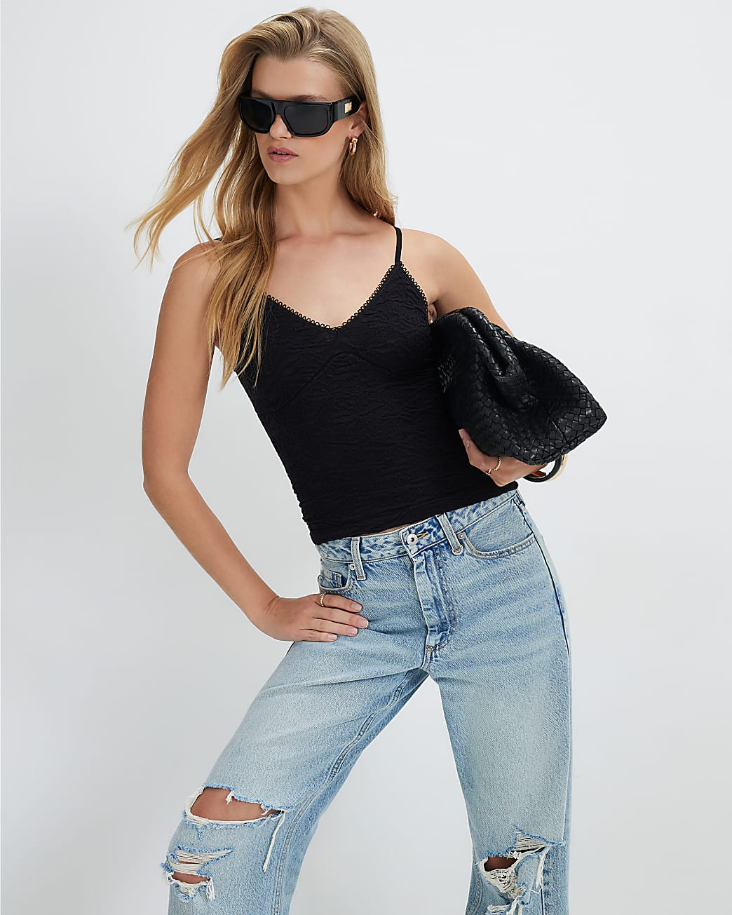 Womens Black Sleeveless Textured Seamless Cami Top