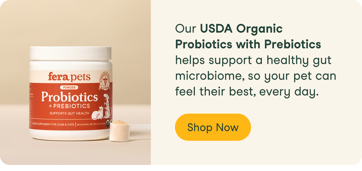 Our USDA Organic Probiotics with Prebiotics help support a healthy gut microbiome, so your pet can feel their best, every day.