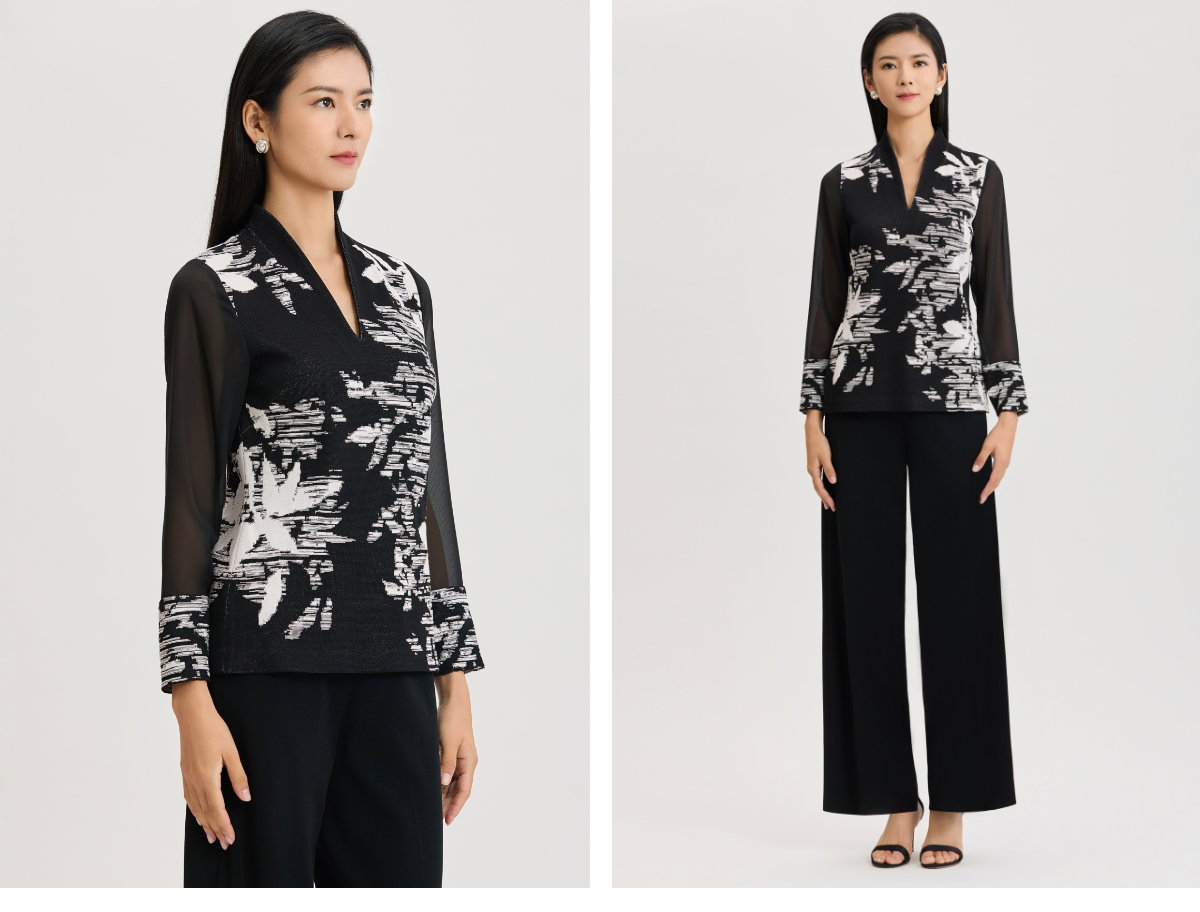 Mixed-Media Floral Jacquard Knit Tunic