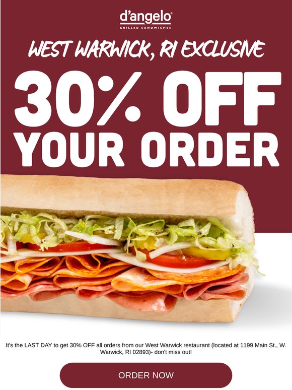Final Day: 30% OFF in W Warwick!