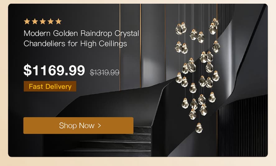 Modern Golden Raindrop Crystal Chandeliers for High Ceilings in Foyer & Living Room