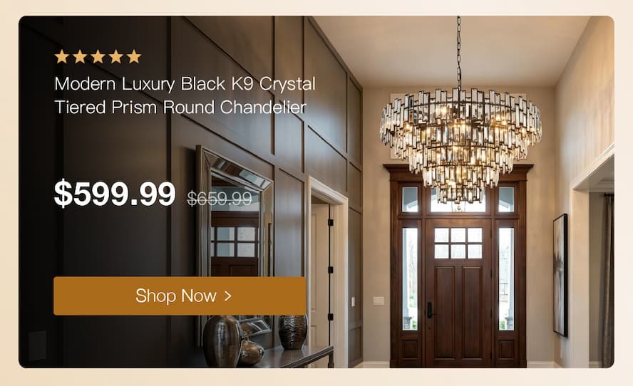 Modern Luxury Black K9 Crystal Tiered Prism Round Chandelier