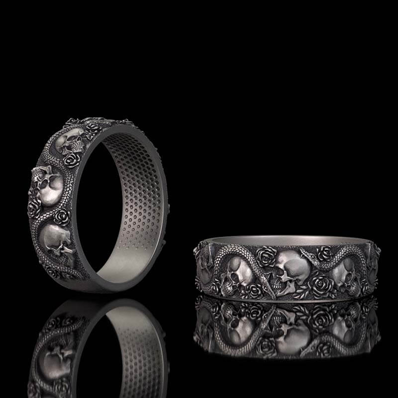 Image of Gothic Rose Skull Snake Sterling Silver Ring