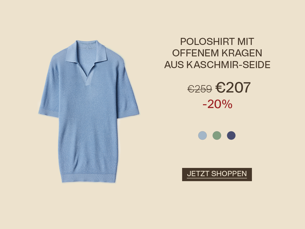 Poloshirt aus Kaschmir-Seide mit offenem Kragen in Hellblau, Preis €207 (statt €259), -20 %, mit „Jetzt Shoppen“.