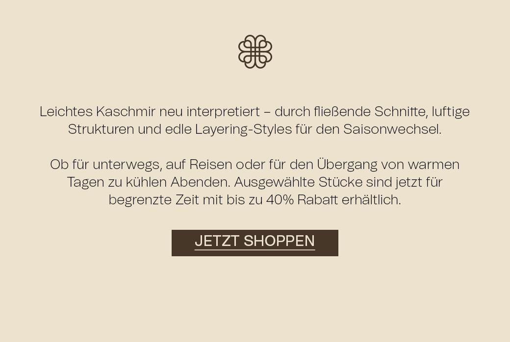 Werbebanner mit dem Text „Leichtes Kaschmir jetzt bis zu 40% reduziert“ und „Jetzt Shoppen“.