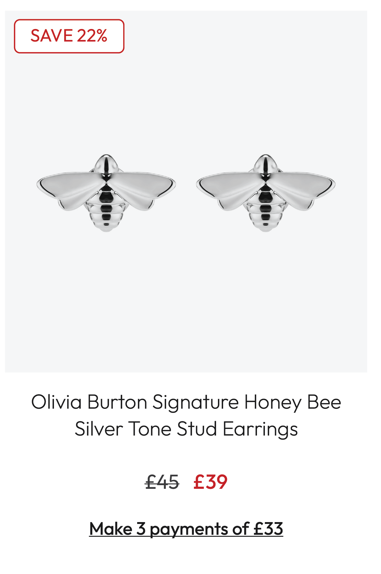 Olivia Burton Signature Honey Bee Silver Tone Stud Earrings 24100478