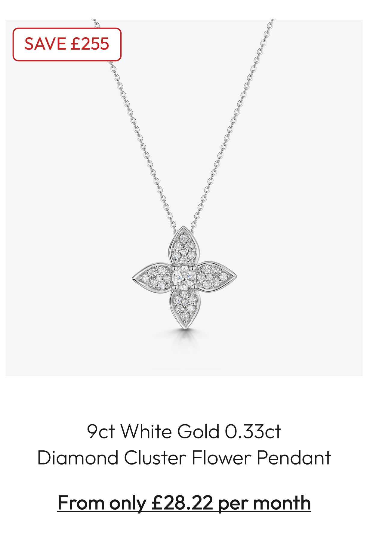 9ct White Gold 0.33ct Diamond Cluster Flower Pendant Neckklace