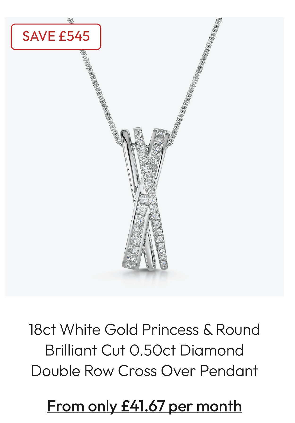 18ct White Gold Princess & Round Brilliant Cut 0.50ct Diamond Double Row Cross Over Pendant