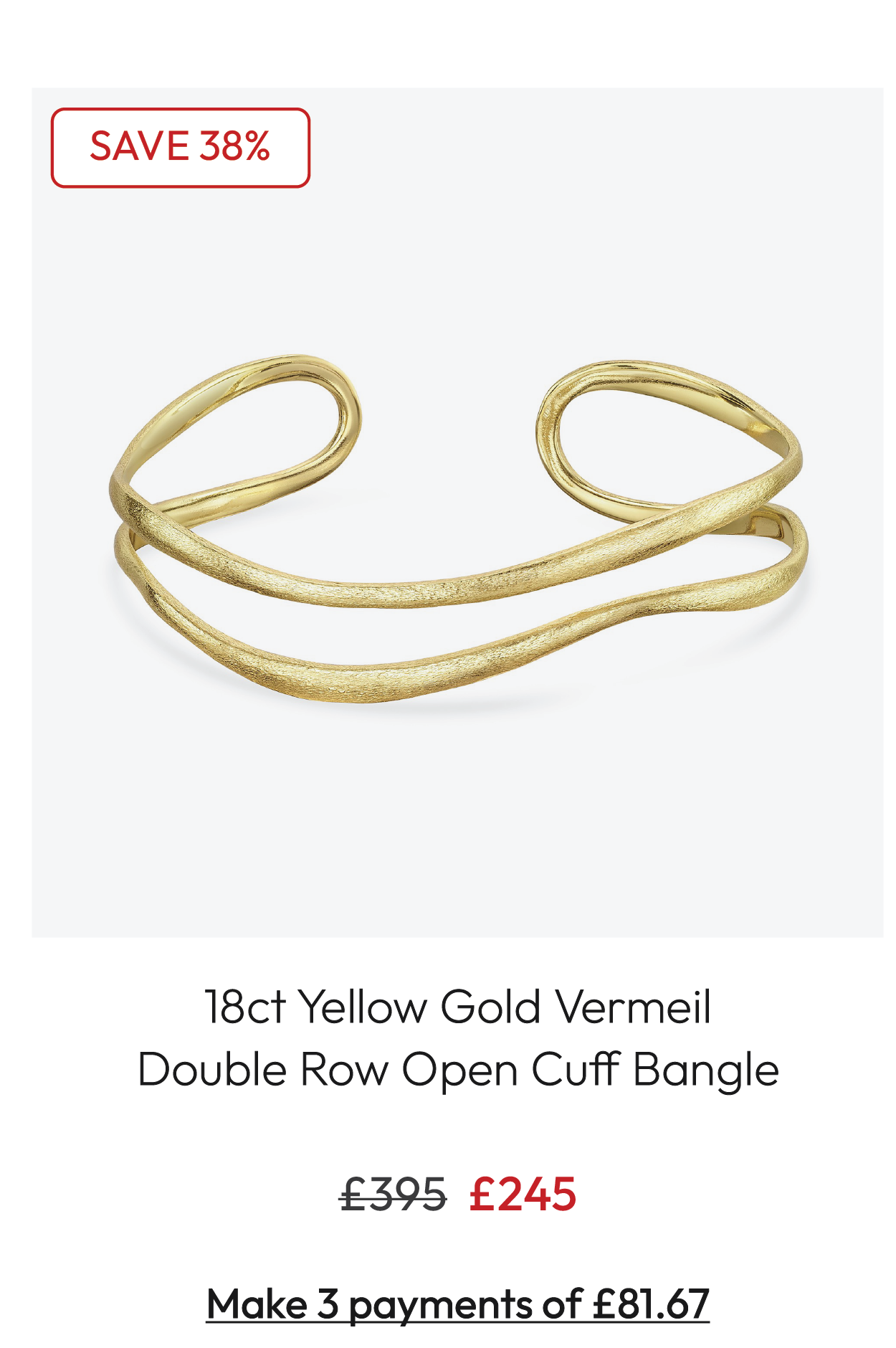 18ct Yellow Gold Vermeil Double Row Open Cuff Bangle