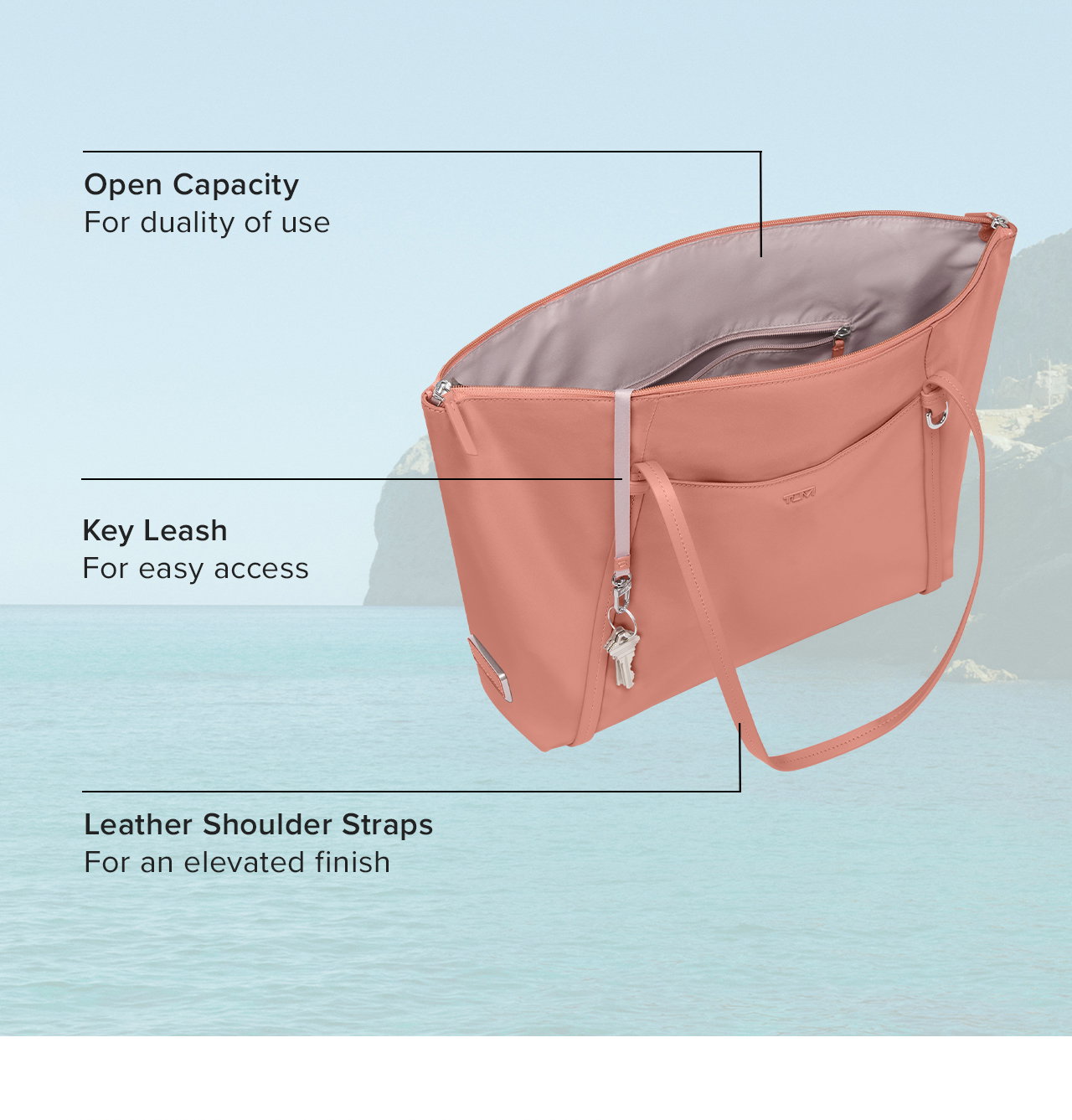 Highlights  Key Leash  For easy access  Leather Shoulder Straps  For an elevated finish with a 10