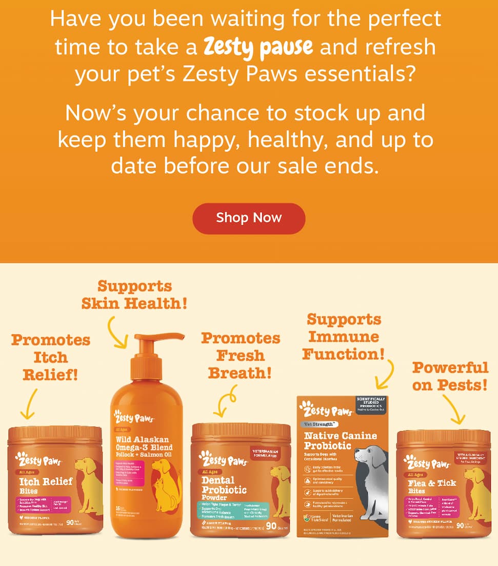 Have you been waiting for the perfect time to take a Zesty pause and refresh your pet's Zesty Paws essentials? Now's your chance to stock up and keep them happy, healthy, and up to date. Shop now.