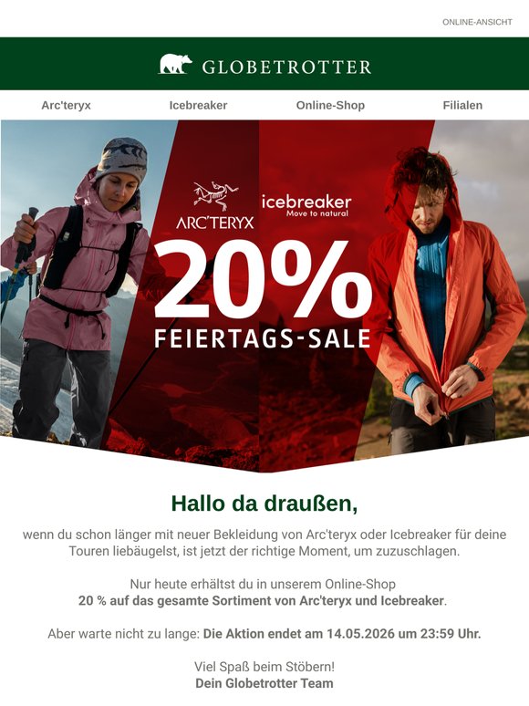 Nur heute: 20 % auf Arc'teryx und Icebreaker