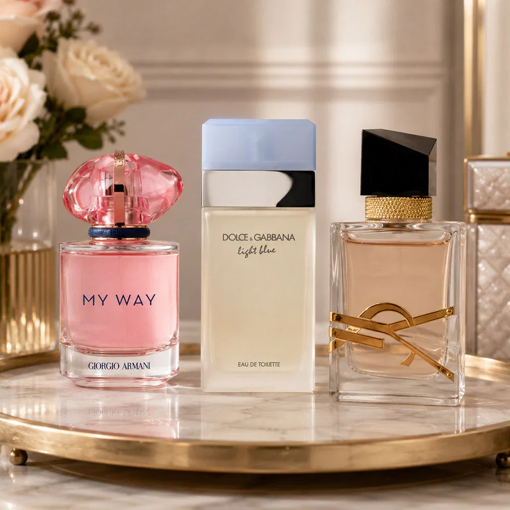 Three luxury fragrances displayed on a gold tray: Giorgio Armani My Way in pink, Dolce & Gabbana Light Blue, and a nude-toned perfume with gold accents.