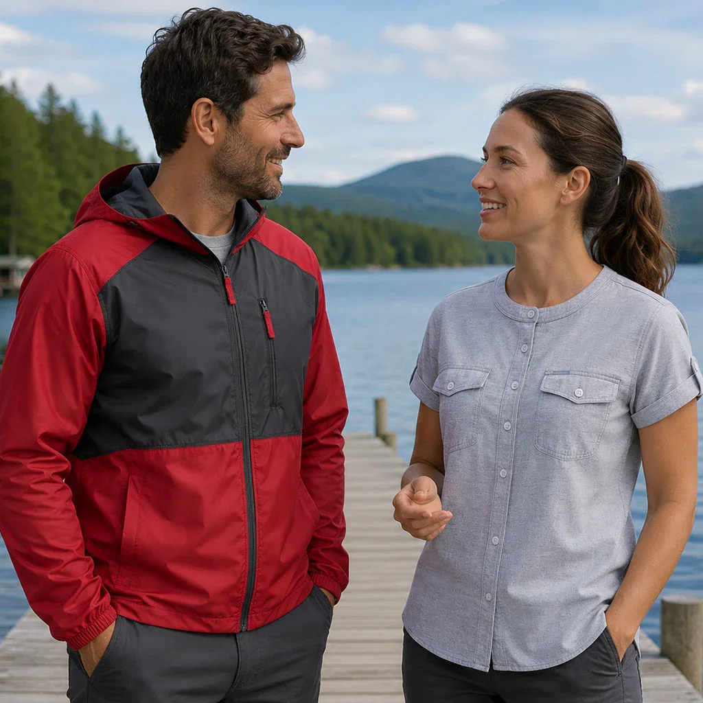 A man and woman smile while standing on a wooden dock overlooking a mountain lake, wearing casual outdoor apparel.