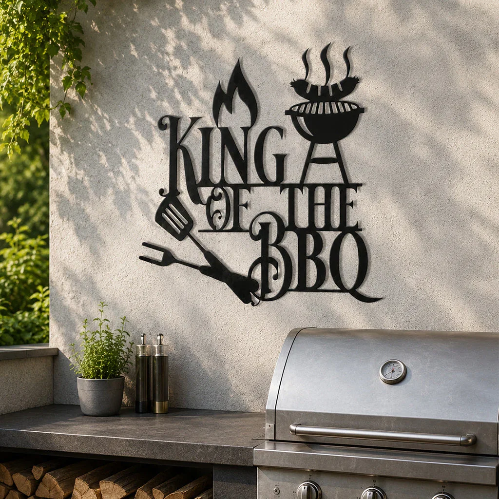 King of the BBQ wall decal displayed above an outdoor grill station with herbs and accessories.