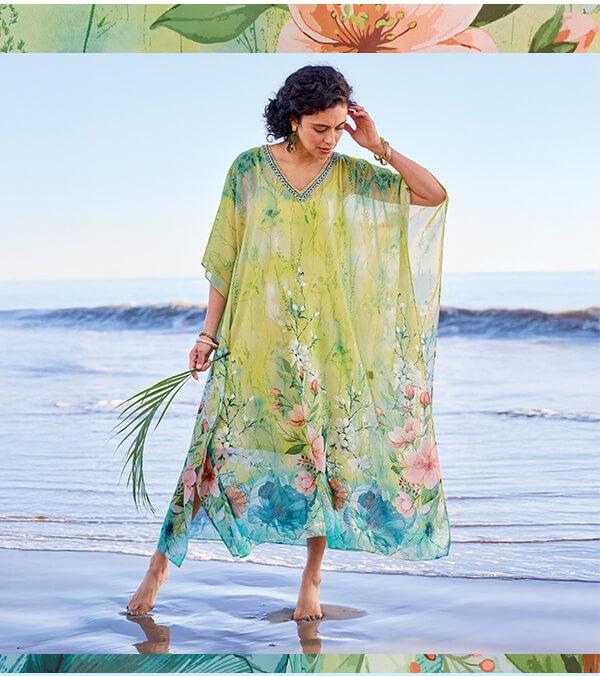 Floral Print 3/4 Slv Chiffon Caftan