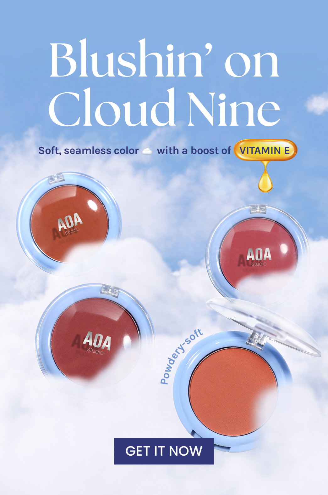 New AOA Cloud Flush Blush: Powdery Soft color with a boost of nourishing Vitamin E