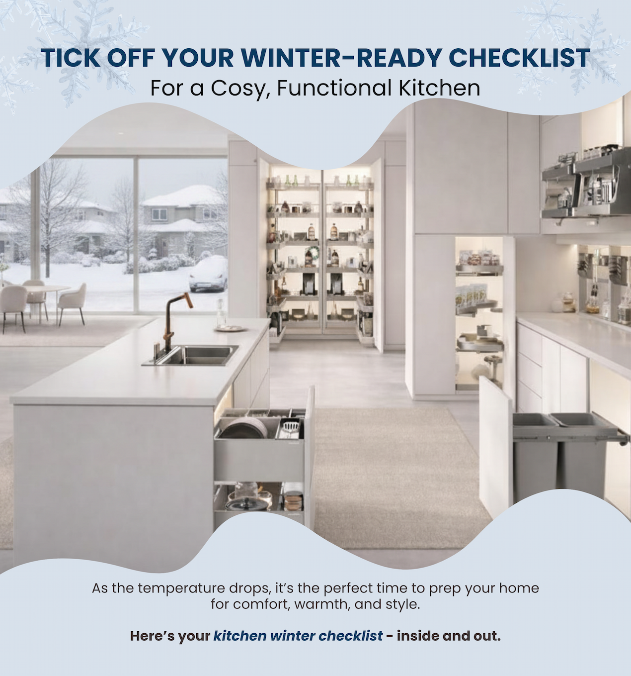 A modern kitchen is shown with a winter checklist overlay.