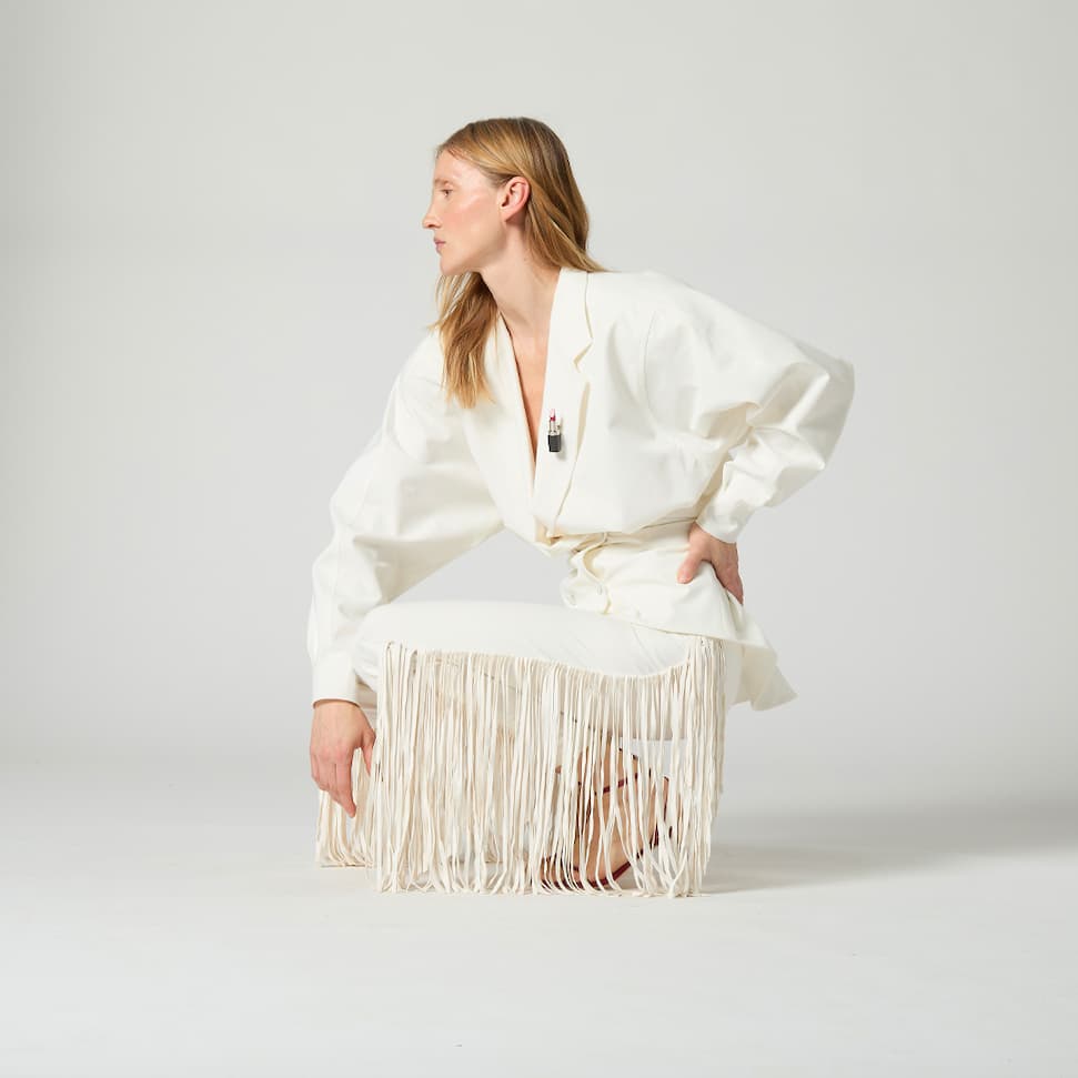 Puffy Sleeve Blazer In White & White Fringe Trousers