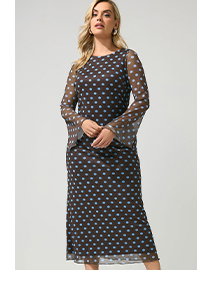YOURS LONDON Curve Chocolate Brown & Blue Polka Dot Mesh Dress